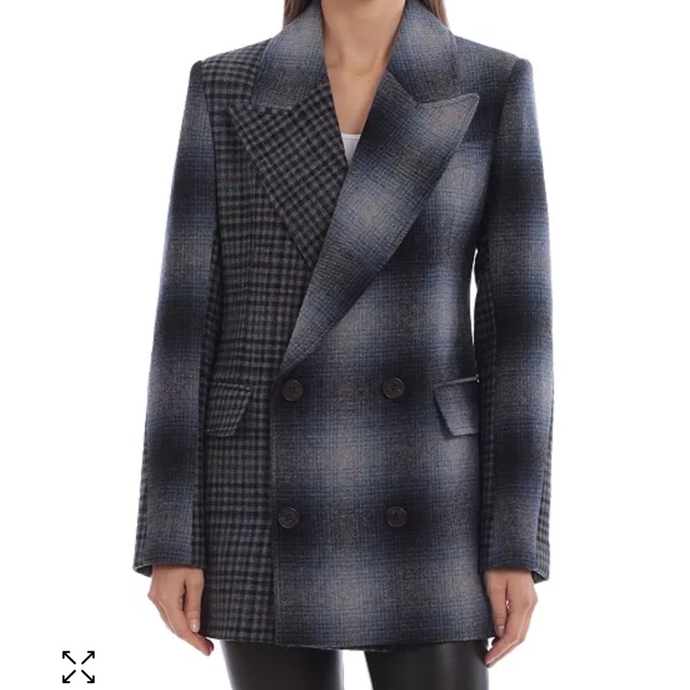 Avec Les Filles Mixed Plaid Double Breasted Blazer